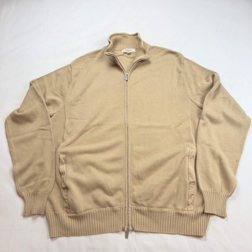 Facconable Jeans‎ Mens Tan Full Zip Mock Neck Sweater Knit Jacket XXL EUC